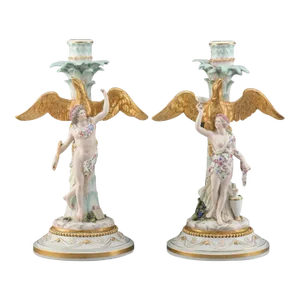 Antique Meissen Rococo Hebe & Ganymede Candlesticks - a Pair