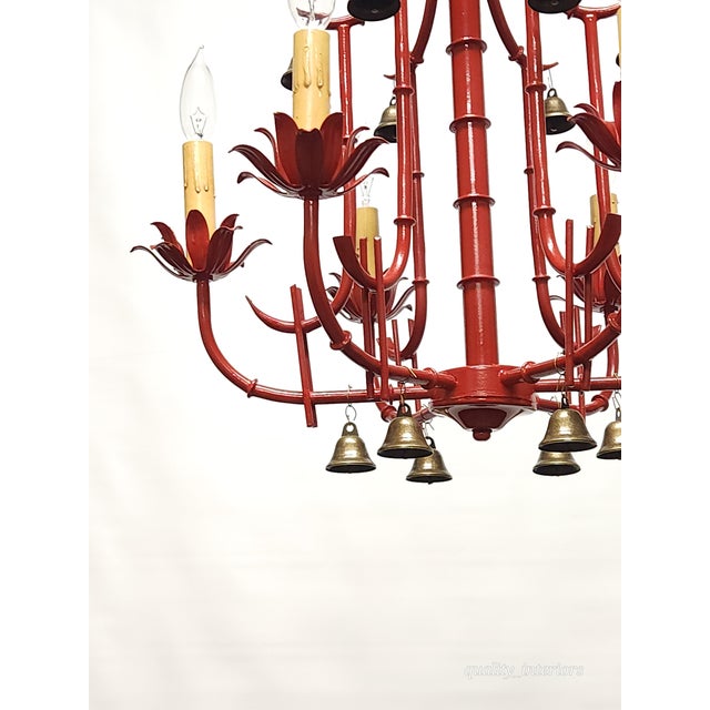Fabulous Italian Tole Vintage Red Faux Bamboo Pagoda With Brass Bells Chandelier ~ Rewired ~ Restored ~ Rejuvenated For Sale - Image 10 of 12