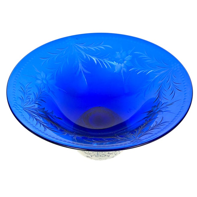 Pairpoint Cobalt Blue Engraved Floral Center Bowl Controlled Bubble Pedestal For Sale - Image 9 of 14
