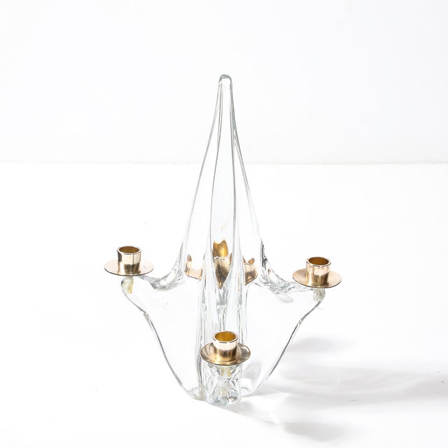 Mid-Century Modern Mid-Century Crystal & Brass Amorphic 4 Arm Candelabra Signed Schneider For Sale - Image 3 of 9