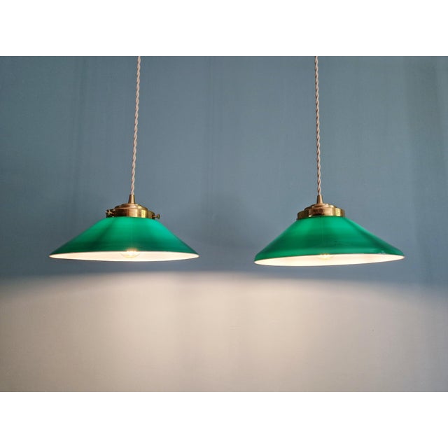 Art Deco Conical Green Opaline Pendant Lights, Set of 2 For Sale - Image 4 of 17