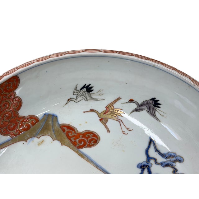 9.5" Asian Style Longevity Cranes Cloud Painted Porcelain Art Bowl For Sale In San Francisco - Image 6 of 14