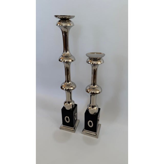 Pair of Global Views Polished Nickel Sculptural Candlesticks, 24.5” & 18.5” For Sale In Las Vegas - Image 6 of 11