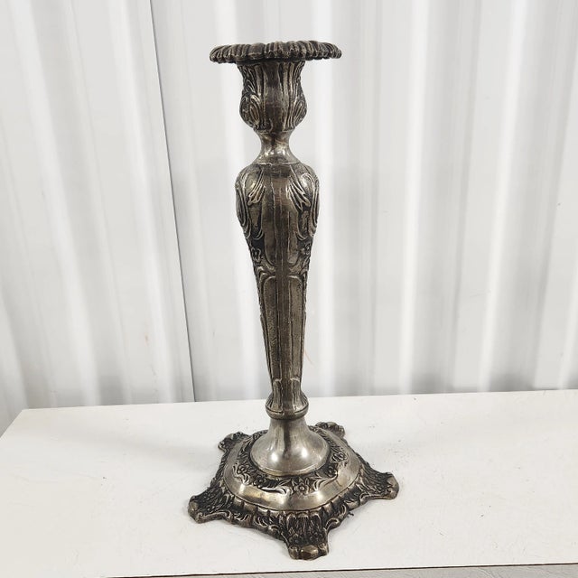 Metal Vintage Silverplate Candlestick With Embossed Floral Motifs · Made in India For Sale - Image 7 of 9