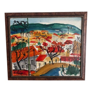 1961 Signed French Modernist Village Landscape Painting by Norbert Pleief For Sale
