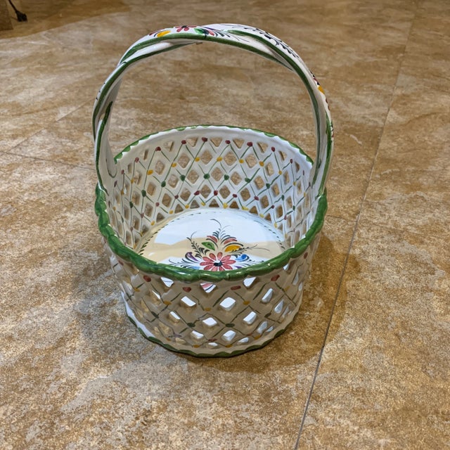 Vintage Ceramic Braided Floral Painted Basket For Sale - Image 4 of 10