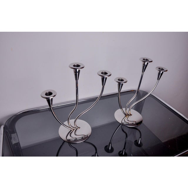 1970s Art Deco Candlesticks in Stainless Steel with 3 Flames, Spain, 1970s, Set of 2 For Sale - Image 5 of 10
