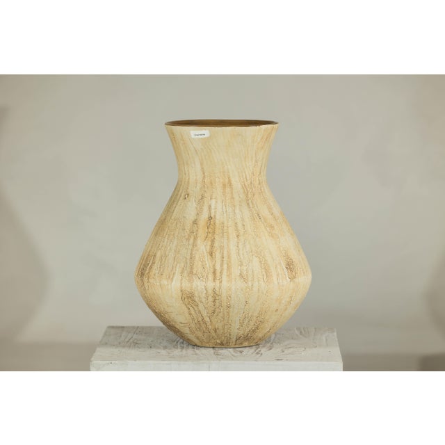 Mid-Century Modern Large Artisan Ceramic Vase with Textured Drip Glaze and Flared Neck For Sale - Image 3 of 18