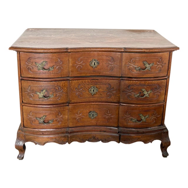 French Provincial Serpentine Commode in Carved Oak With Inlay, 18th Century For Sale