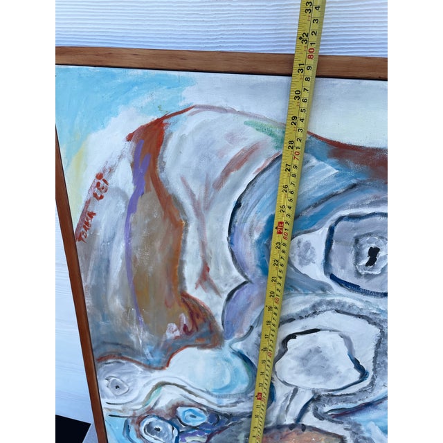 Cerulean Late 20th Century Vintage Signed Abstract Flowing Forms Acrylic Painting on Canvas Board by Teresa Lawrenson, Framed For Sale - Image 8 of 11