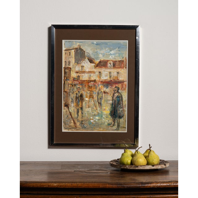 Impressionist 20th Century French Dark Brown Signed Oil on Panel Impressionist Street Scene in Passe-Partout For Sale - Image 3 of 15