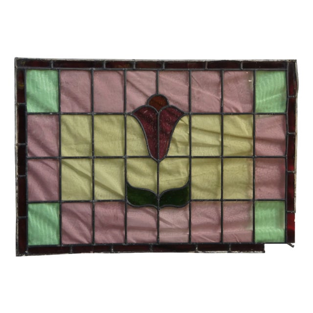 Antique Victorian Floral Leaded Stained Architectural Glass Window Panel For Sale