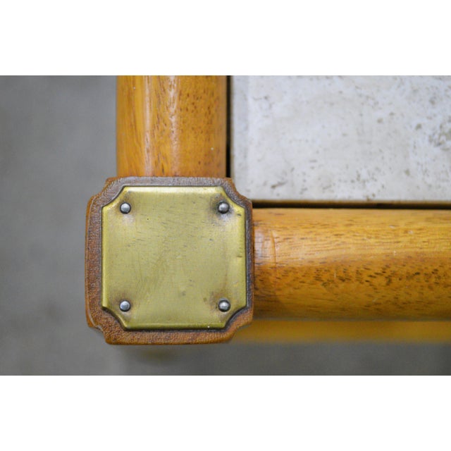 1960s Mid Century Modern Wood Italian Travertine Top Inserts Brass Trim Low Credenza Console Cabinet For Sale - Image 11 of 14