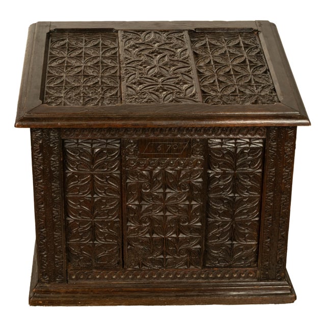 Antique French Medieval Gothic Carved Oak Chest Coffer 17th Century Panels 1679 For Sale - Image 11 of 16