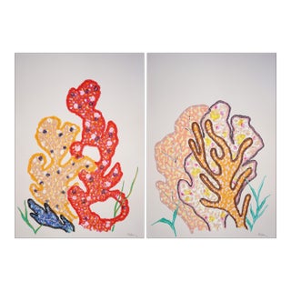 Yellow Coral Bouquets, Modern Coastal Diptych, Illustration Style, Gouache Crayon on Watercolor Paper, 2026 For Sale