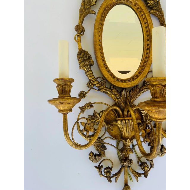 Myran Allan Luxury Lighting Italian Gold Carved Wood and Mirror Wall Sconces Pair For Sale - Image 4 of 9
