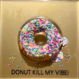Donut Kill My Vibe #4 by Ana Hefco | Mixed Media on Wood Panel Featuring a Colorful Donut For Sale