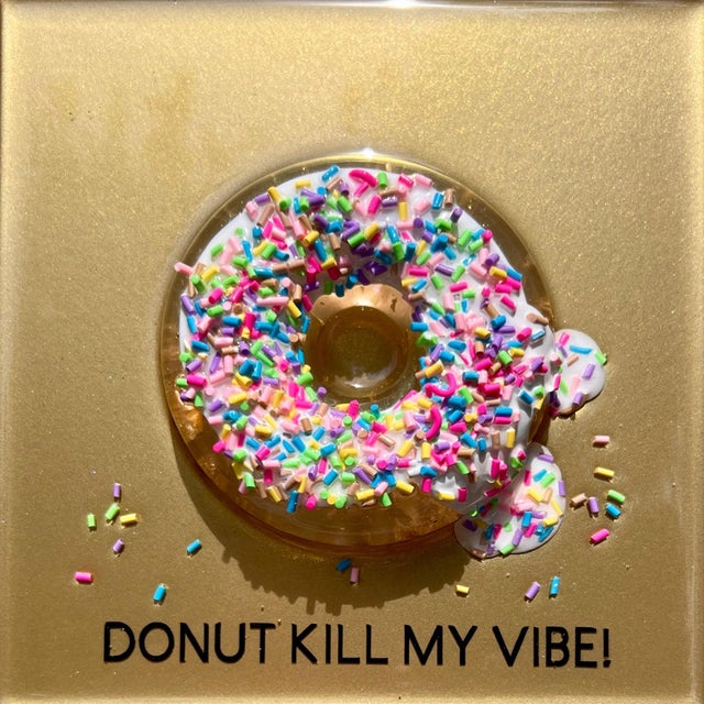 Donut Kill My Vibe #4 by Ana Hefco | Mixed Media on Wood Panel Featuring a Colorful Donut For Sale
