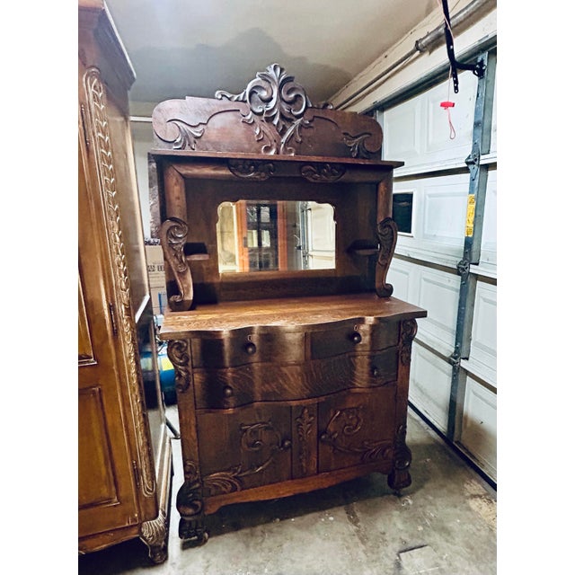 Victorian Antique Victorian Carved Tiger Oak Wood Buffet With Mirror For Sale - Image 3 of 12