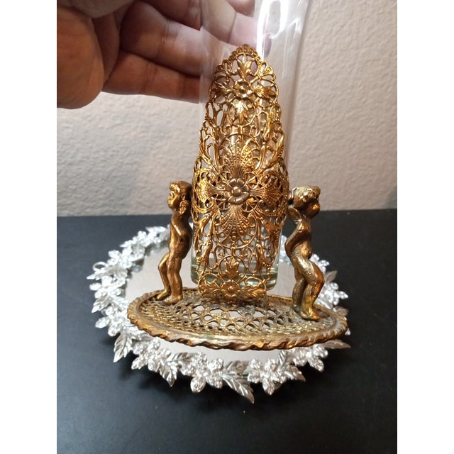 Metal 1950s Ormulu Ornate Filigree Cherub Brass Holder With Clear Epergne Vase For Sale - Image 7 of 7