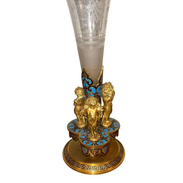 French Late 19th Century French Champlevé Enamel and Gilt Bronze Mounted Glass Vase For Sale - Image 3 of 9