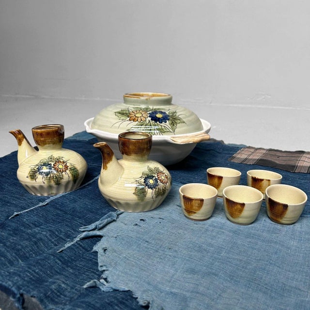 Rustic Vintage Japanese Ceramic Donabe Hotpot and Sake Set, 1970s, Set of 8 For Sale - Image 3 of 18