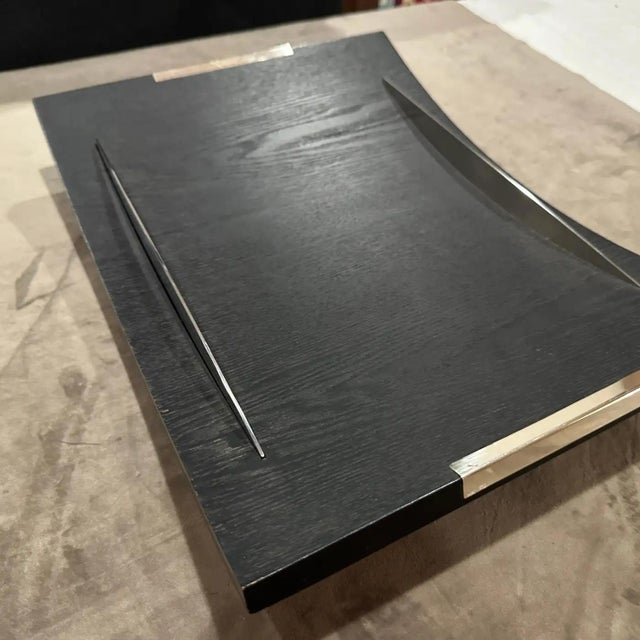 1990s Modern Curved Ebonized Wood and Sterling Silver Serving Tray by Silvan For Sale - Image 10 of 11