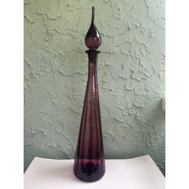 Glass 1960s Italian Empoli Amethyst Glass Genie Bottle Decanter With Original Stopper – 26.75” Tall For Sale - Image 7 of 11