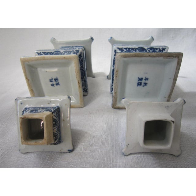 1940s Vintage Blue and White Porcelain Lidded Pagoda Jars, Pair For Sale - Image 5 of 5