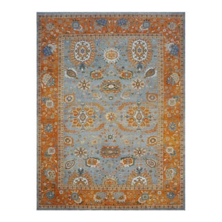 Afghan Wool Sultanabad Master 9 x 12 Orange, Light Blue & Ivory Handmade Area Rug #1143271 For Sale