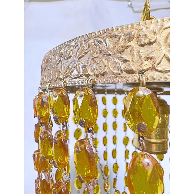 Vintage Amber Glass Beaded Basket Chandelier With Ornate Brass Frame For Sale - Image 4 of 9