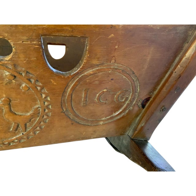 Antique 19th C European Folk Art Rocking Cradle Hand Carved Wood Catholic Iconography and Monogram Approx. 11 3/4" High x...