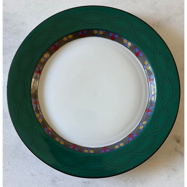 Set of 5 vintage porcelain plates made by Dansk International Design in the Quilting Dinnerware Emerald Braid pattern....