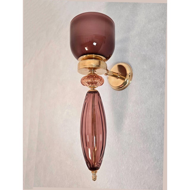 1990s Burgundy Murano Glass Pair of Sconces For Sale - Image 4 of 10