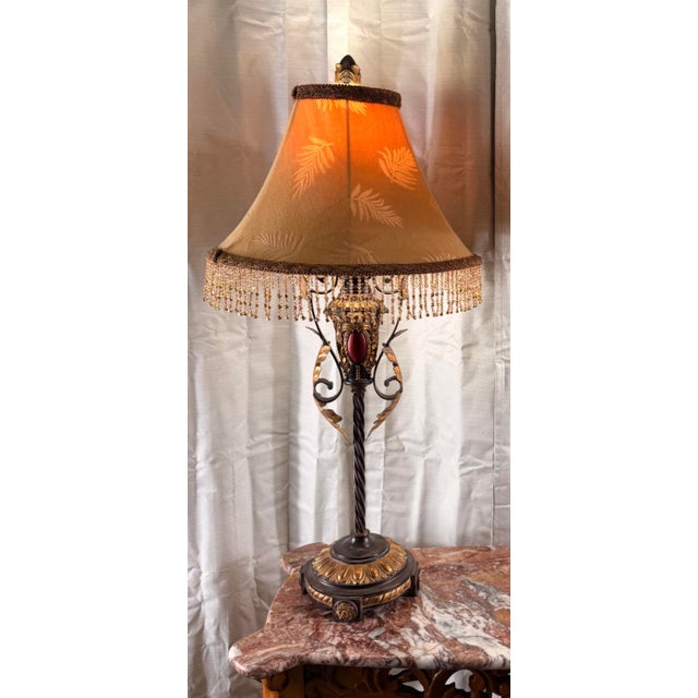 1990s Pair of Hollywood Regency Beaded Table Lamps With Custom Fringe Shades – Gilt & Bronze Finish For Sale In San Antonio - Image 6 of 8