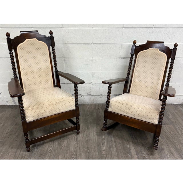 Jacobean Vintage Jacobean Revival or Tudor Style Barley Twist Oak Armchair and Rocker Set For Sale - Image 3 of 17
