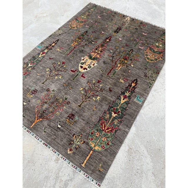 2000 - 2009 Cypress Tree Area Rug, Hand-Knotted Wool, Pictorial, 6x8, Charcoal & Rose For Sale - Image 5 of 10