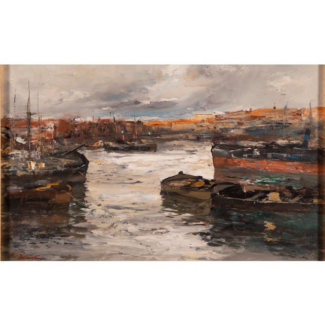 Ezelino Briante, Harbor with Moored Boats at Sunset, Oil on Panel For Sale - Image 15 of 15