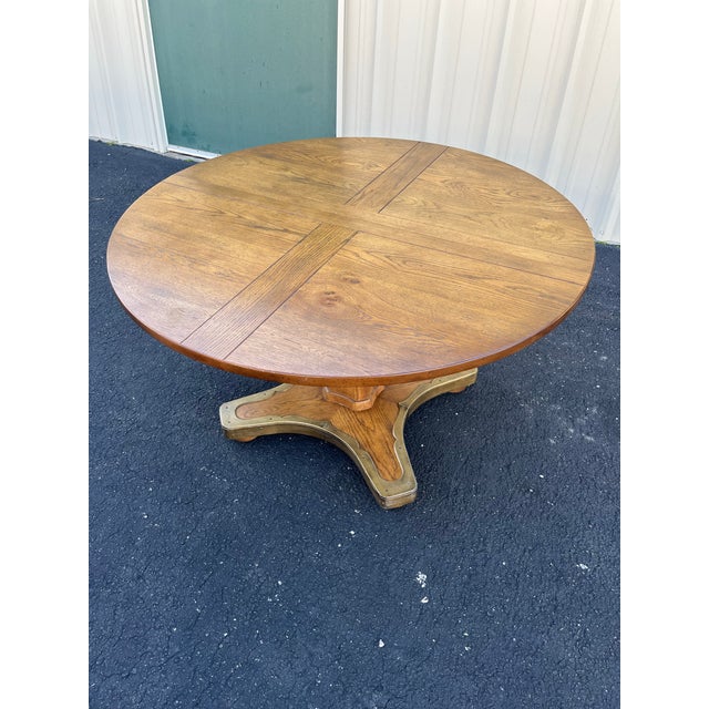 Henredon 1960s Henredon Round Oak Pedestal Game Table With Brass Accents For Sale - Image 4 of 12