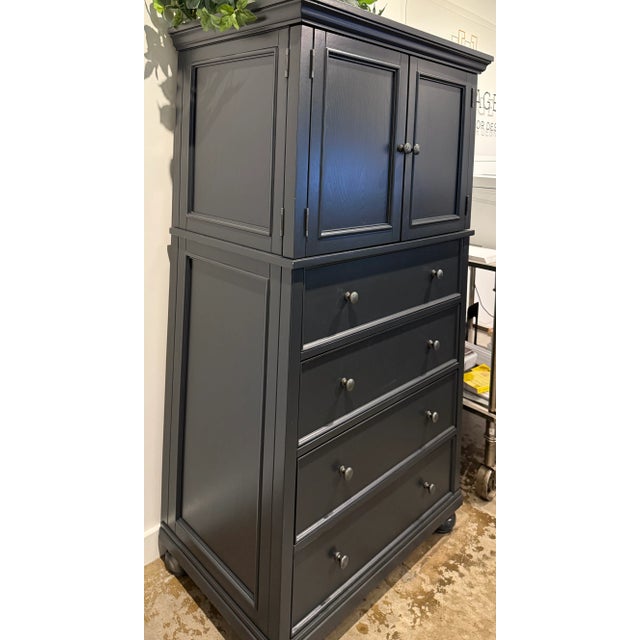 Excellent, solid Pottery Barn storage piece - painted soft black. 4 large drawers and spacious cabinet space as indicated...