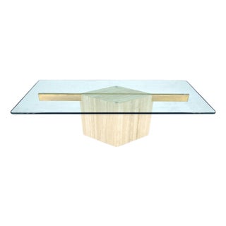 Italian Travertine Single Pedestal Diamond Shape Base Glass Top Coffee Table For Sale