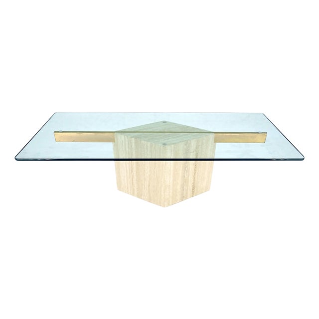 Italian Travertine Single Pedestal Diamond Shape Base Glass Top Coffee Table For Sale