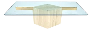 Italian Travertine Single Pedestal Diamond Shape Base Glass Top Coffee Table