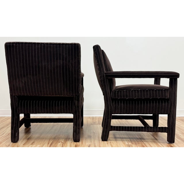 Vintage Newly Upholstered Luxe Chocolate Brown Pinstripe Velvet Parsons Chairs, a Pair For Sale In Kansas City - Image 6 of 12