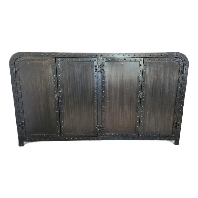 Late 20th Century Industrial Riveted Metal Sideboard Cabinet With Rounded Corners For Sale