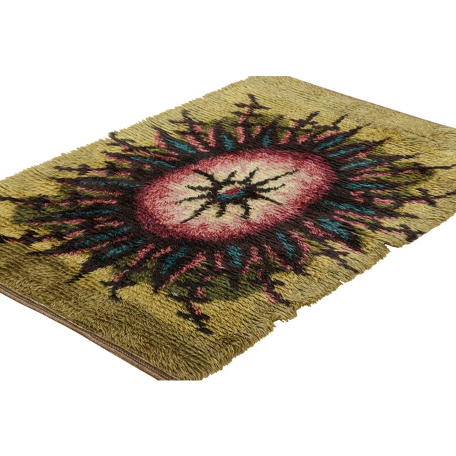 Rug & Kilim Vintage Swedish Rug in Green and Black With Medallion | Rug & Kilim For Sale - Image 4 of 8