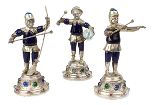 19th Century Jeweled & Enameled German Coin Silver Musician Figurines - Set of 3