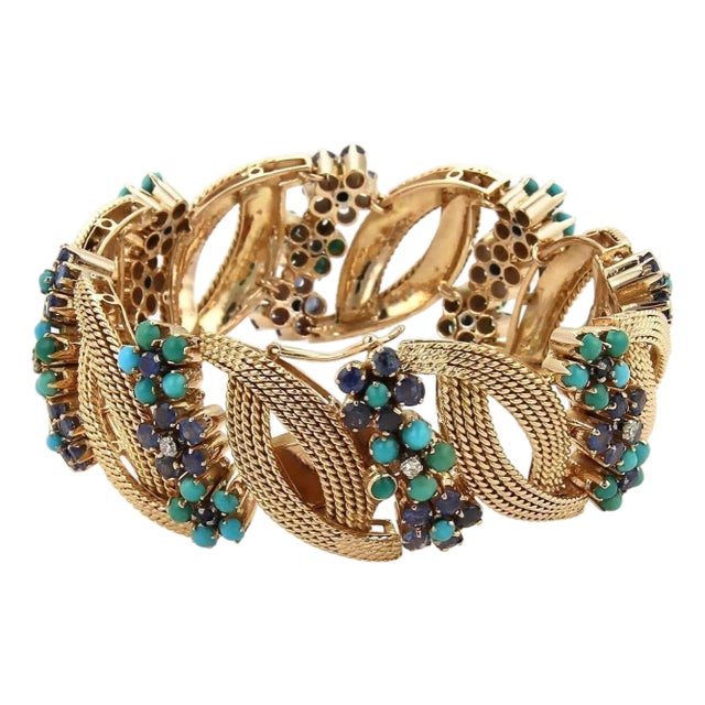 Diamond Sapphire & Turquoise 14k Rose Gold Bracelet For Sale