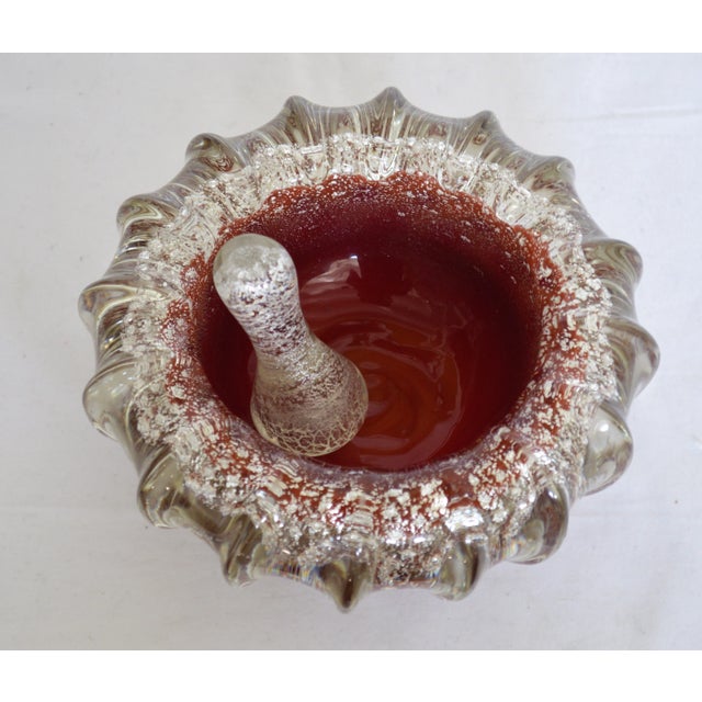 Murano Italian hand blown silver burgundy mortar & pestle bowl catchall. The bowl is used in excellent condition, however...