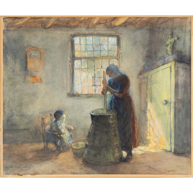 Dutch Genre Painting of a Peasant Woman Churning Butter, Hague School, by Bernard Blommers, circa 1890 For Sale - Image 16 of 16